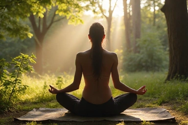 Osoba medytująca w spokojnym otoczeniu, symbolizująca równowagę.